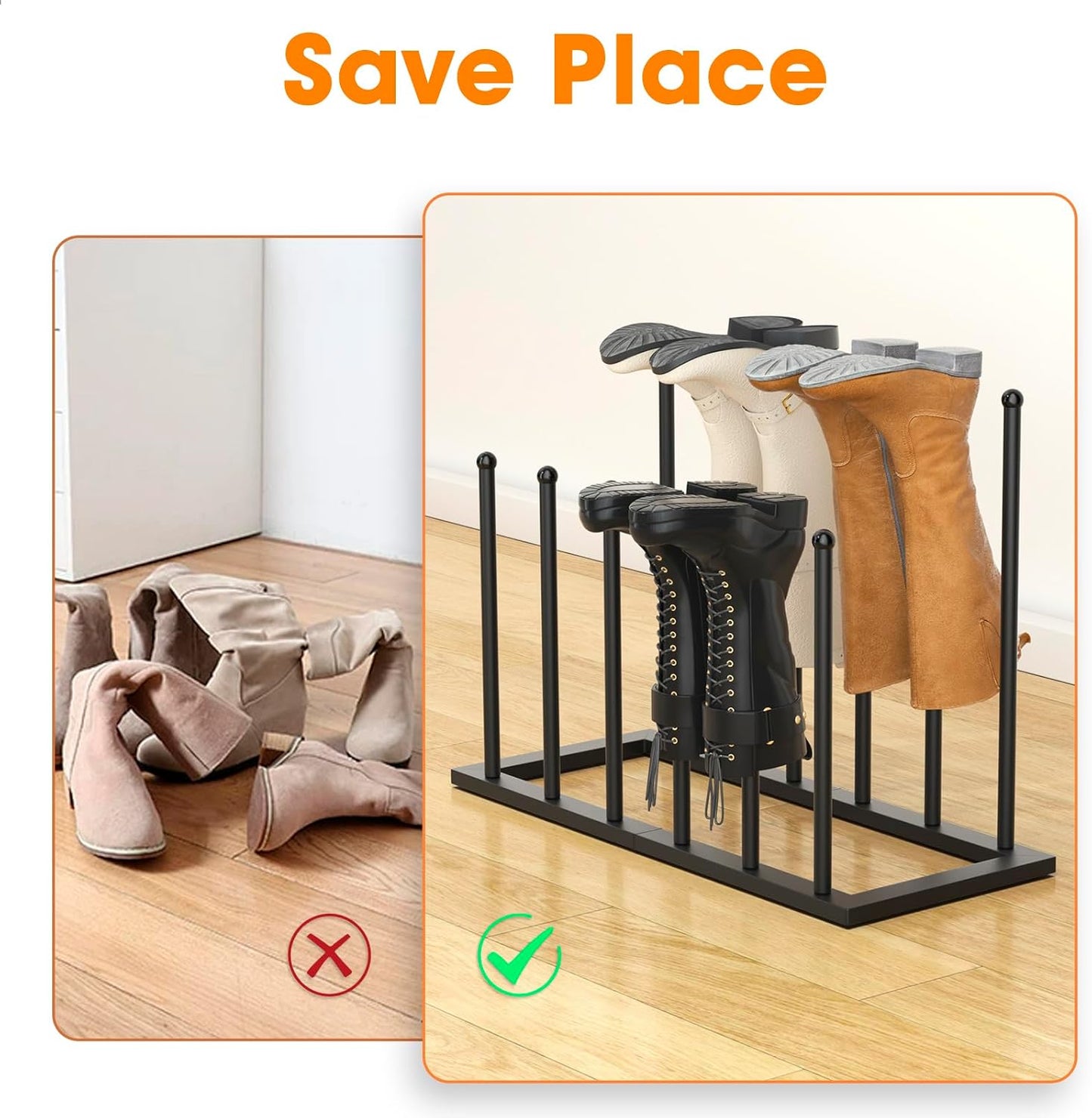 6 Closet, (Black-6pairs) Urban Deco Free Standing Shoe Racks, Boot Organizer for Tall Boots, Black Metal Boot Rack Fit