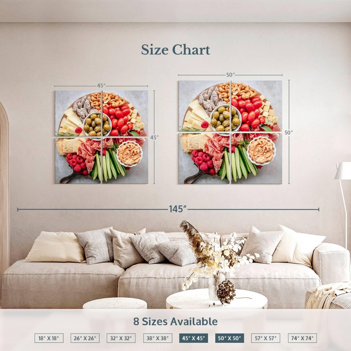 ElephantStock - Charcuterie Board Wall Art - Square Multi Panel Canvas - 4 Piece Dining Room Wall Decor - Photography Food And Drink Multi Piece Wall Art - Brown And Gray Decor - 50" x 50"