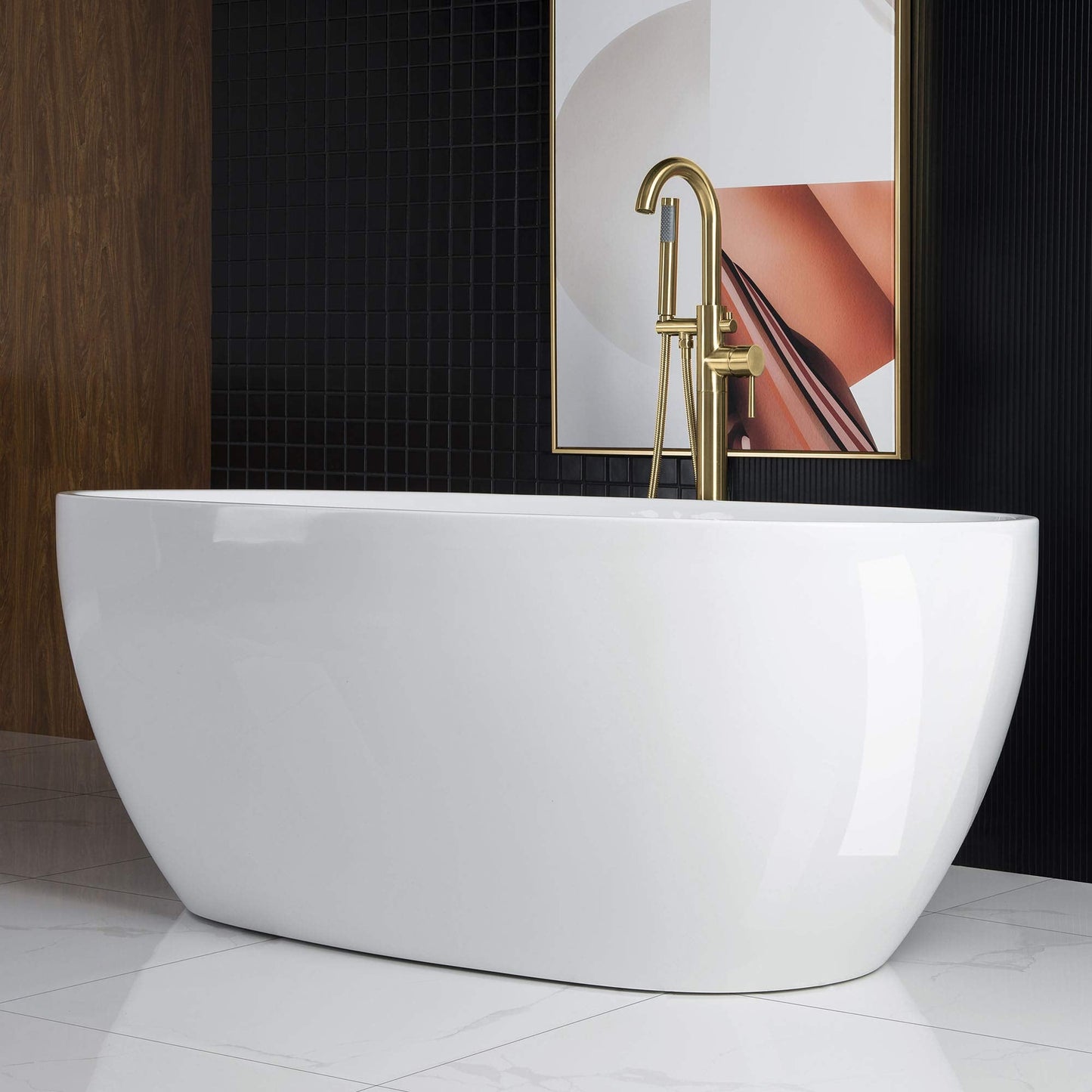 WOODBRIDGE 67" Acrylic Freestanding Bathtub Contemporary Soaking Tub, White Acrylic(Brushed Gold Drain/Overflow),BTA1528-BG