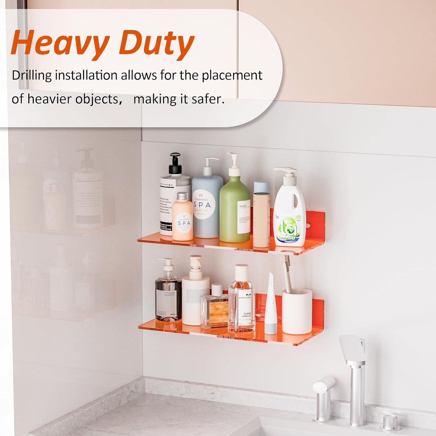 15 Inches 2 Pack, Sezanrpt Orange Acrylic Wall Shelves L Shape Floating Shelf, Perspex Wall Mounted Shelves for Home