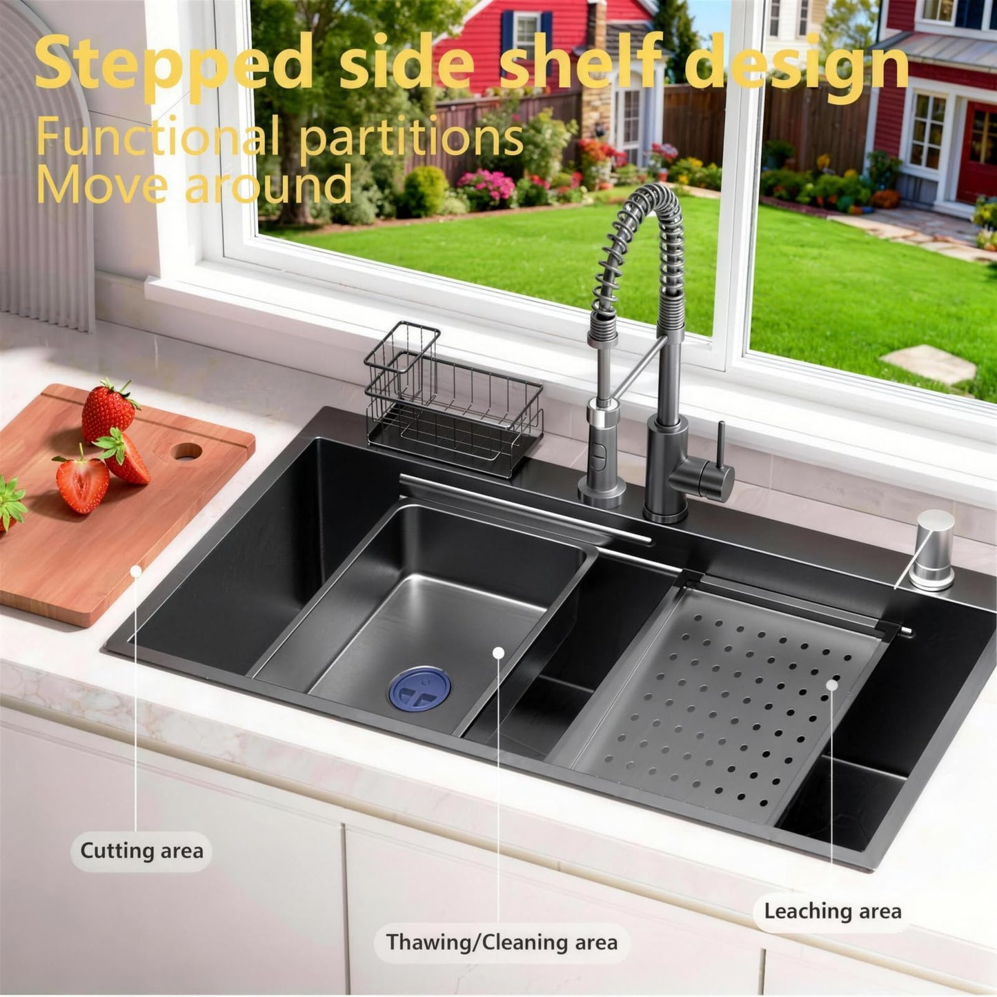 32x19 Black Drop-in Kitchen Sink: Deep Single Bowl Stainless Steel Workstation with Faucet & Accessories Combo for Family Kitchen—Scratch Resistant & Noise Reducing