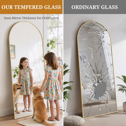 Full Length Mirror 71"x26" Full Body Mirror Arched Free Standing Wall Mounted Leaning Floor Mirrors with Stand Aluminum Alloy Frame for Bedroom Cloakroom, Gold