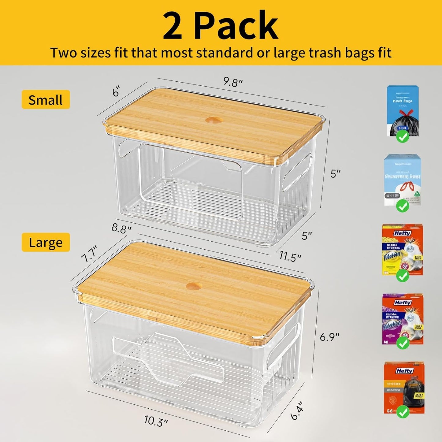 2 Pack FELIZHOUSE Trash Bag Holder with Bamboo Lid, Stackable Garbage Bag Dispenser Under Sink , Storage Organizer