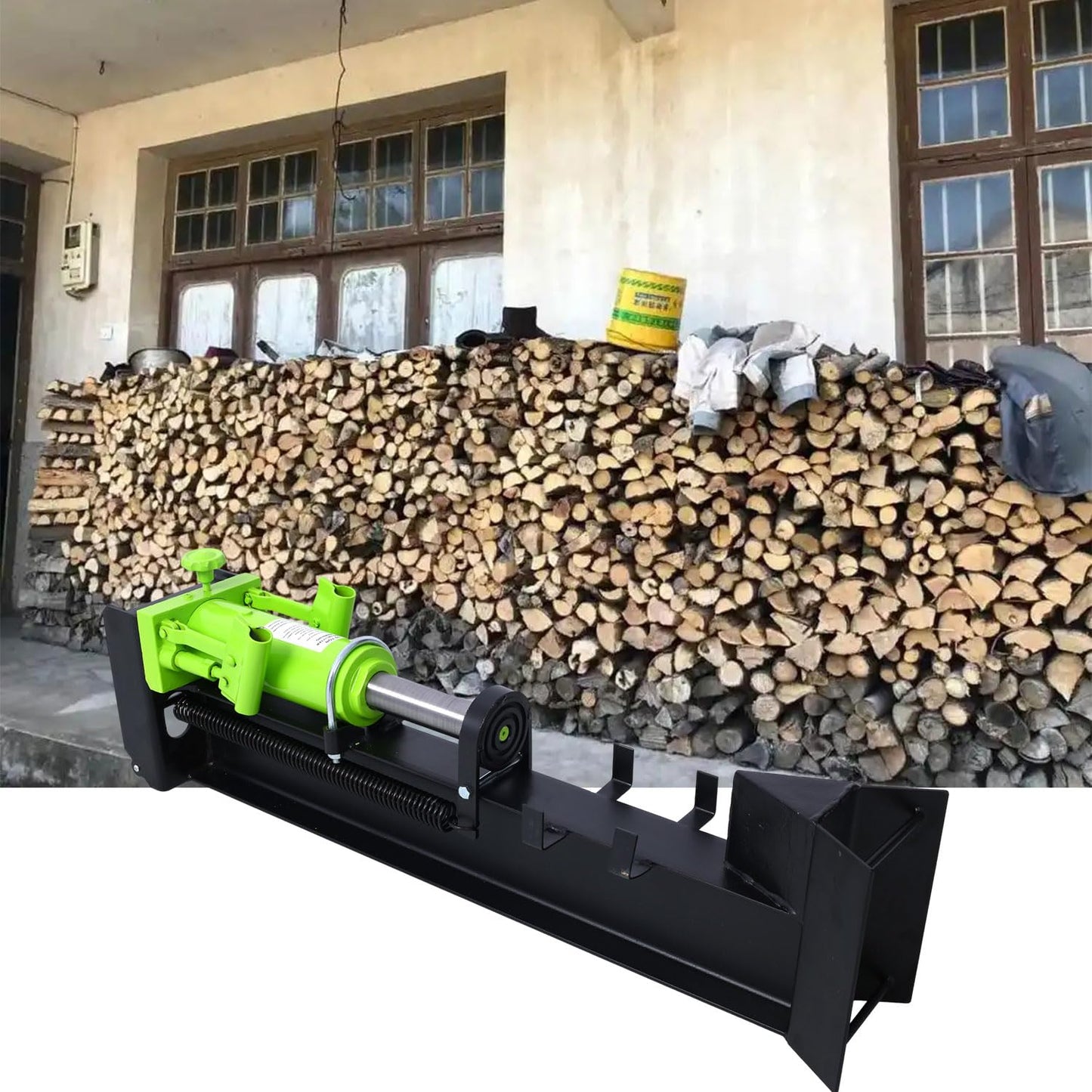AMZSTAN 10 Ton Manual Hydraulic Log Splitter, Horizontal Steel Beam Wood Splitter with Wheels, 2-Speed Handle, Portable Firewood Splitter for Fireplace, Stove & Outdoor Use