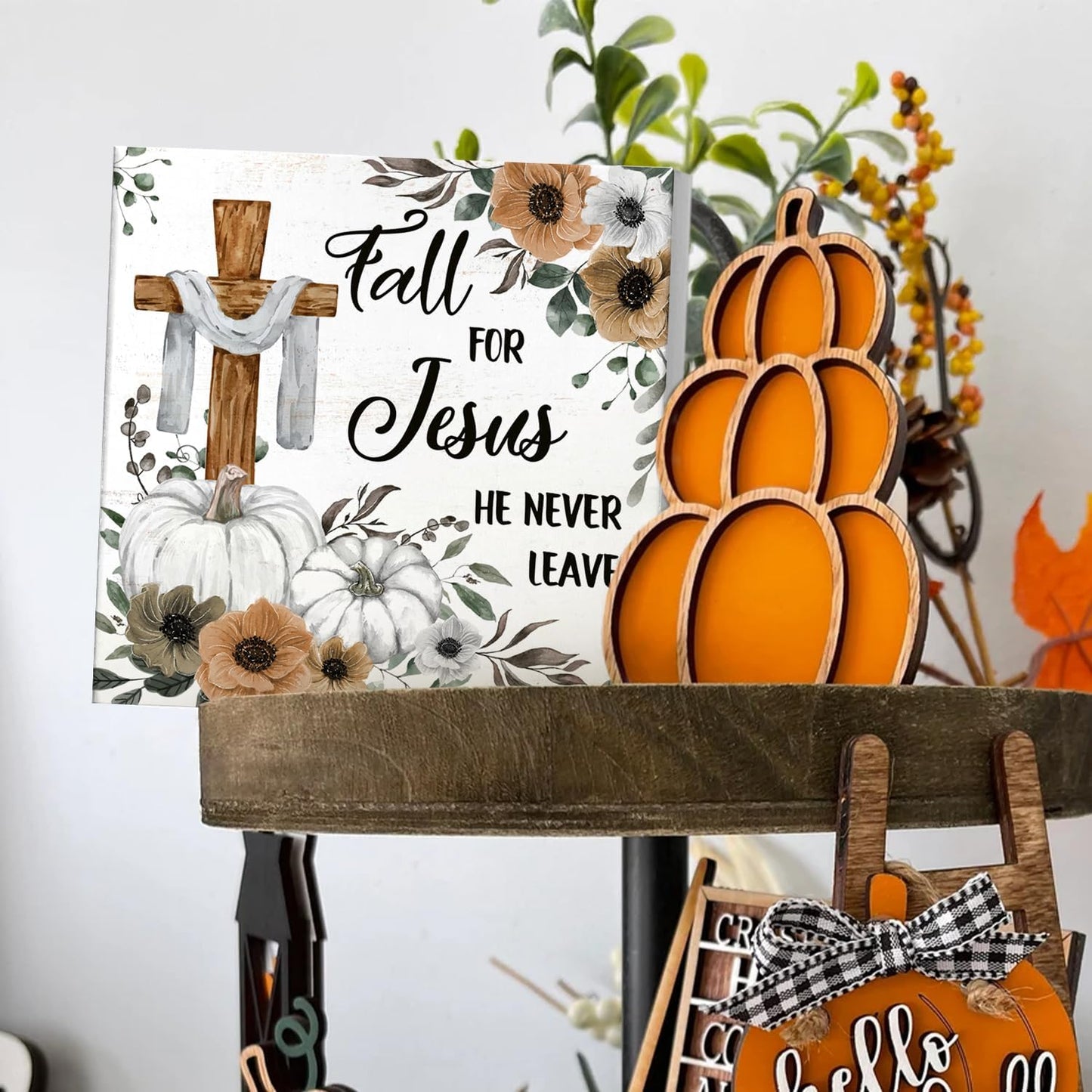 Christian Sign Fall Decor, Rustic Wood Box Desk Decor for Living Room and Bedroom, 5x5 Inch "Fall for Jesus He Never