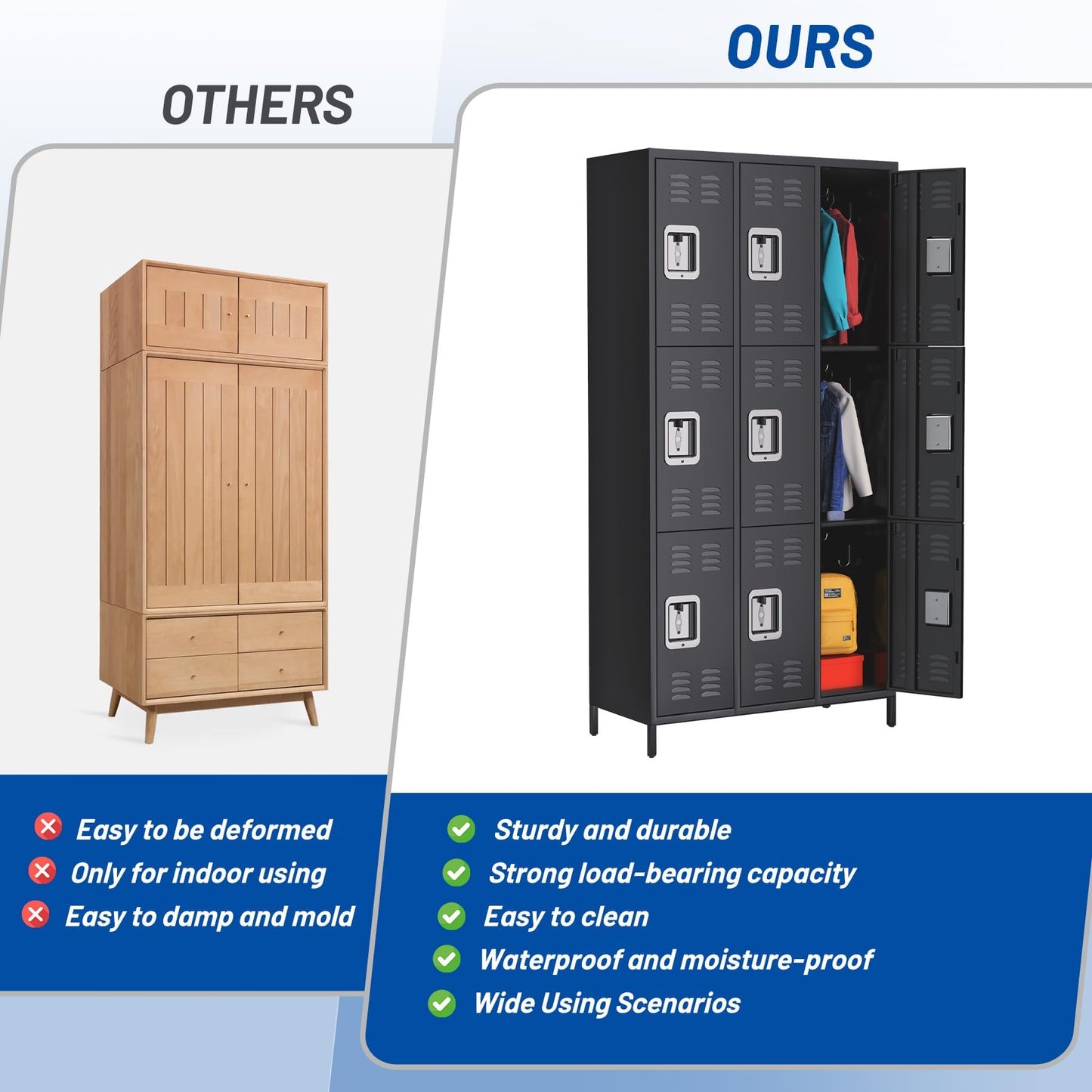 MERXENG Metal Storage Locker with 9 Doors, Metal Locker for Employees with 18 Hooks for Garage School Office Gym Home, Assembly Required, Black