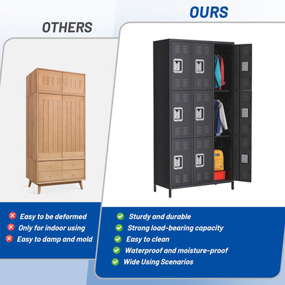 MERXENG Metal Storage Locker with 9 Doors, Metal Locker for Employees with 18 Hooks for Garage School Office Gym Home, Assembly Required, Black