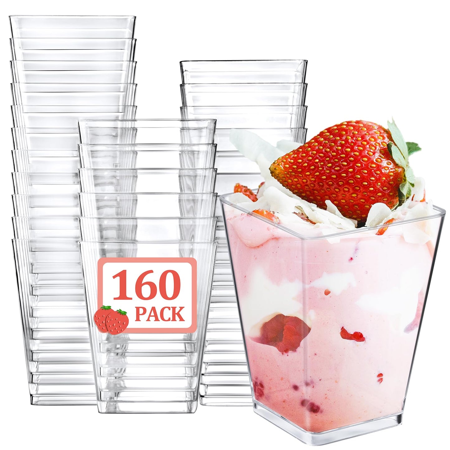 Eupako 160 Pack 5 OZ Plastic Mini Dessert Cups - Clear Small Parfait Cups, Square Appetizer Cups for Fruit, Pudding, Mousse, Ice Cream, Party, Wedding, Valentine's Day