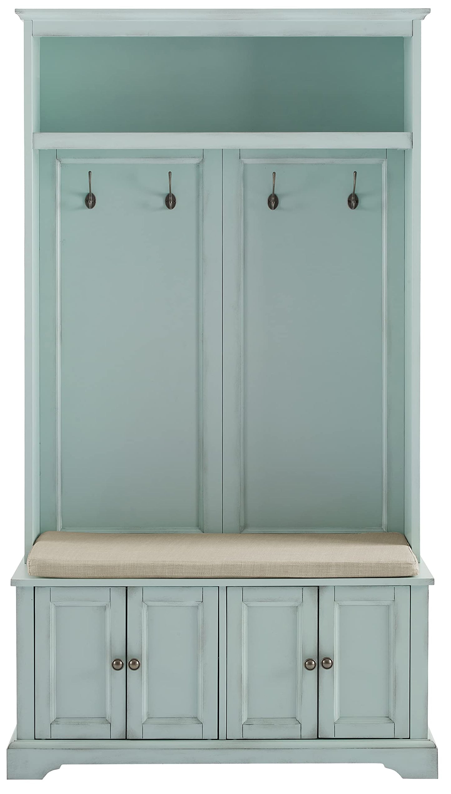 Crosley Furniture Holbrook Hall Tree with Shoe Rack Bench and Coat Hooks for Hanging Storage, Distressed Seafoam Blue