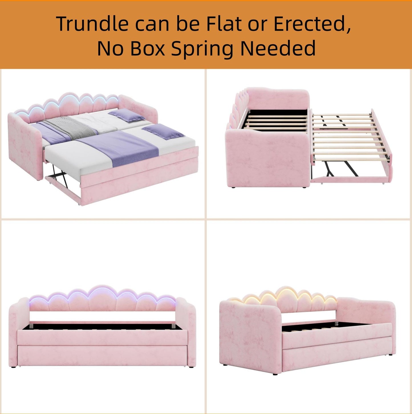 Merax Twin XL Size Upholstered Daybed with Trundle & Adjustable LED Lights, Velvet Trundle Bed, Trundle can be Flat or Erected, Sofa Day Bed for Bedroom Guest Room, No Box Spring Needed, Pink