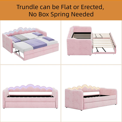 Merax Twin XL Size Upholstered Daybed with Trundle & Adjustable LED Lights, Velvet Trundle Bed, Trundle can be Flat or Erected, Sofa Day Bed for Bedroom Guest Room, No Box Spring Needed, Pink