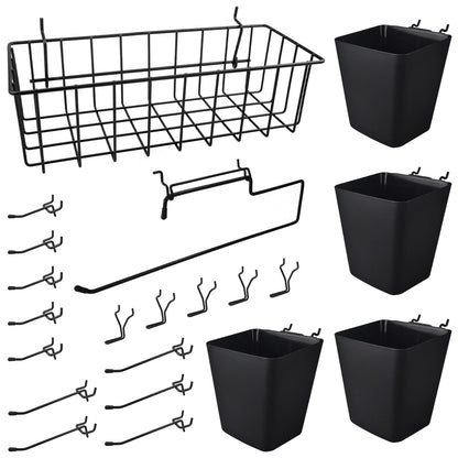 G.CORE Peg Board Organizer 21 Pack, Pegboard Accessories with Baskets Cups Hooks - 1/8" & 1/4" Peg Board Wall Tool Organizers, Utility Holders & Hangers for Garage Craft Workbench (Black & Black)
