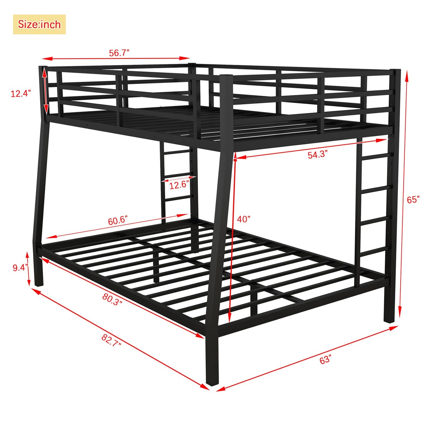 LEEKOUS Upgraded Version Heavy Duty Metal Full XL Over Queen Bunk Bed, Thicken Stronger Steel Full Over Queen Bunk Bed, Queen Size Bunkbed Frame for Adults, Easy Assembly, Black (Full XL Over Queen)