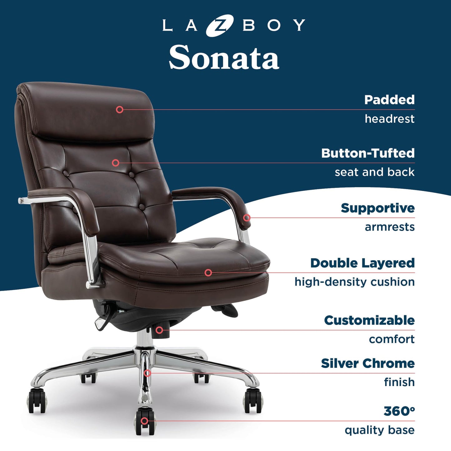 La-Z-Boy Sonata Executive Mid-Back Office Chair, Button-Tufted Seat and Back, Double-Layer Cushion, Padded Armrests, Ergonomic Computer DeskChair, Swivel Metal Base, Bonded Leather, Dark Brown/Chrome