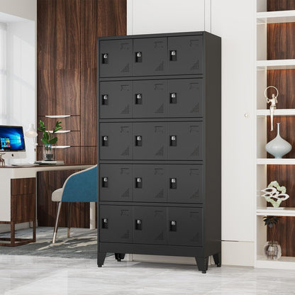 Lusiwry Metal Lockers for Employees-15 Doors Storage Locker with Shelves and Lockable Steel Cabinet for School,Gym,Office,Staff,Assembly Required,Black