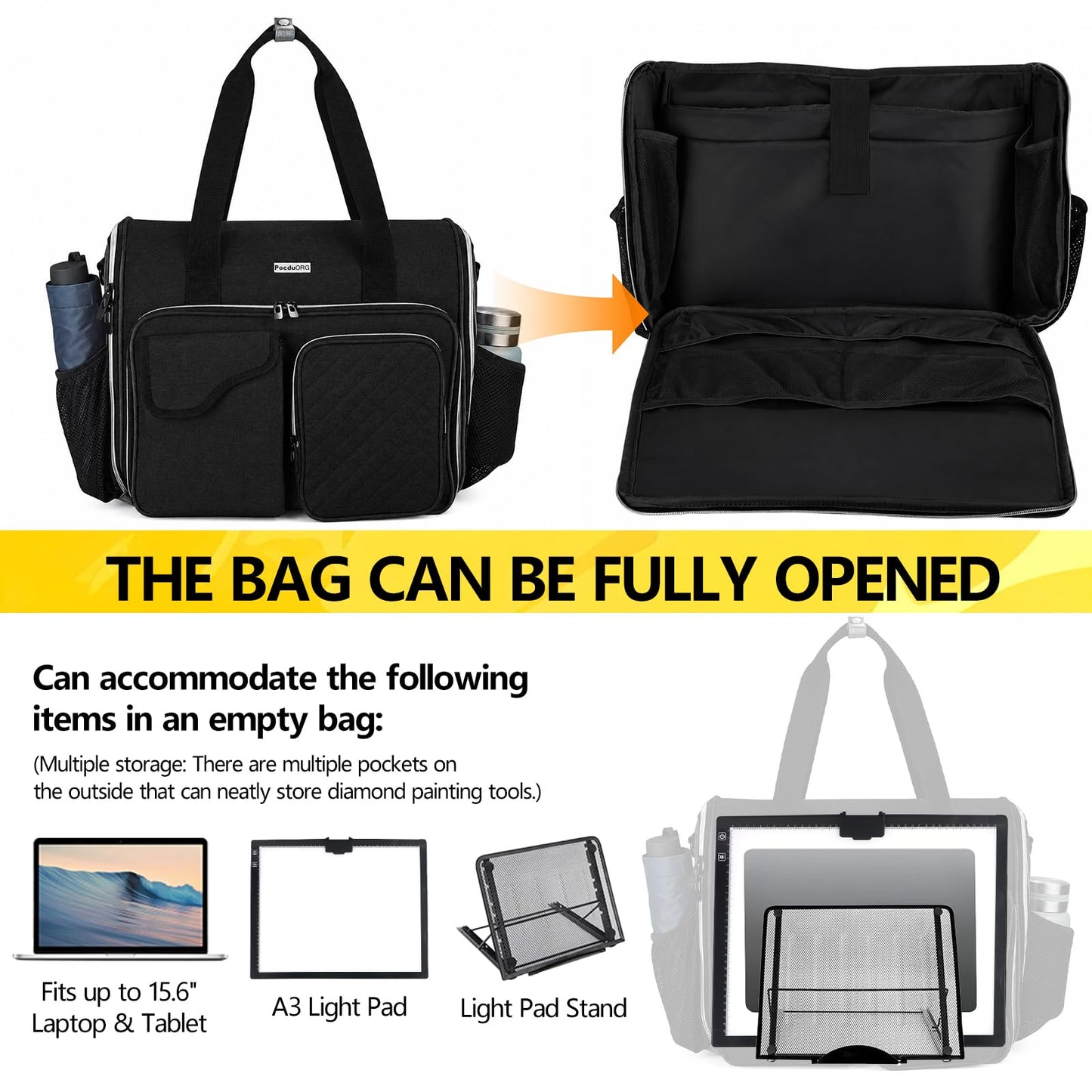 POCDUORG Portable A4 Light Pad Storage Bag for Diamond Painting Accessories, Tote Organizer Case with Multiple Pockets - Compatible with A4 Light Board, Art Supplies & Travel Carrying (Black S)