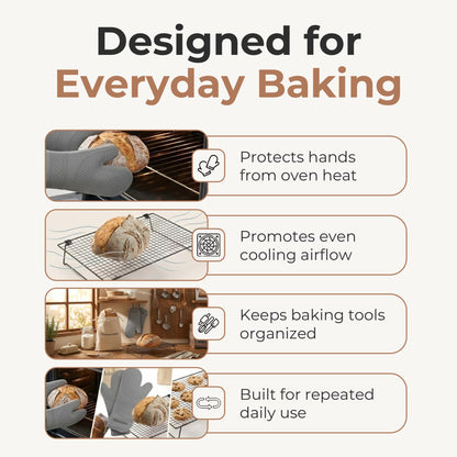 MaisonOdell Sourdough Cooling & Storage Set – Bread Cooling Rack (17×11×3), Linen Bread Bag (15×12), Heat-Resistant Oven Mitts – Complete Bread Cooling & Storage Solution