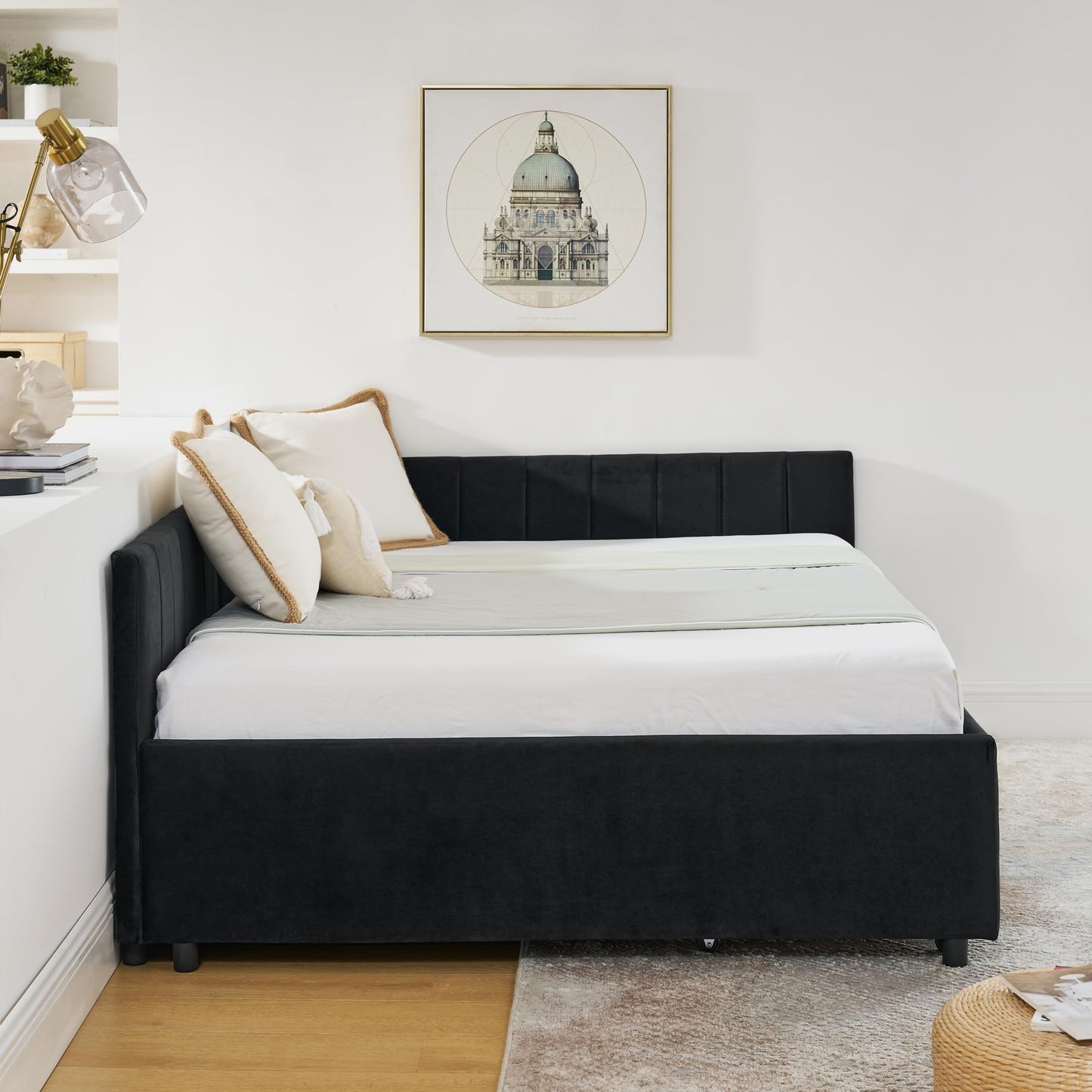 Ball & Cast Full Size Daybed with Two Storage Drawers,Velvet Upholstered Day Bed Frame with Channel Tufted Backrest & Armrest,Wood Slats Support,No Box Spring Needed,for Bedroom Guestroom,Black