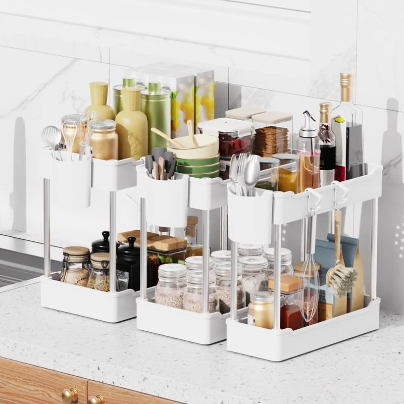 JYSMYWS 3 Pack Under Sink Organizers and Storage, 2 Tier Bathroom Cabinet Organizer Shelf with Hanging Cups for Kitchen & Bathroom (White)