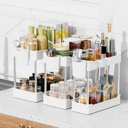 JYSMYWS 3 Pack Under Sink Organizers and Storage, 2 Tier Bathroom Cabinet Organizer Shelf with Hanging Cups for Kitchen & Bathroom (White)