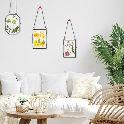 Bucherry 5 Pcs Glass Frame for DIY Pressed Flowers Art Brass Hanging Photo Picture Frame with Chain and 6 Styles Pressed Flowers Collage Glass Craft Frames for Wall Decor Display Gallery (Black)