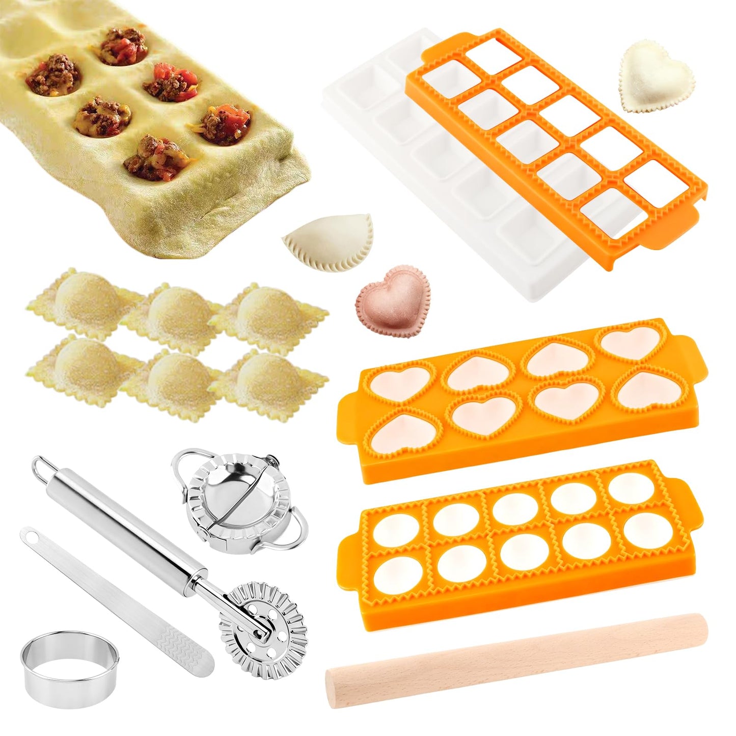 8PCS Ravioli Maker Press Set,Ravioli Stamp Maker Cutter with Wood Rolling Pin,Empanada Maker-Press,Ravioli Wheel and Stuffing Spoon,for Homemade Pasta,Dumpling,Pastry Kit(Yellow)