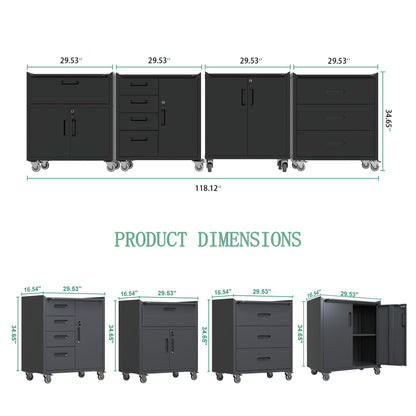 VIYET 4-Pack Rolling Garage Tool Cabinet,Heavy Duty Steel Rolling Tool Chest with Lockable Doors & Adjustable Shelves,Mobile Workshop Storage Cart for Garage Organization,Black