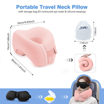 jiaao Neck Pillow Airplane, Memory Foam Travel Neck Pillows for Long Flight, 3D Eye Masks, Ear Plugs and Portable Drawstring Bag, Napping Pillow for Home, Road Trips, Sleep Rest and Travel Use