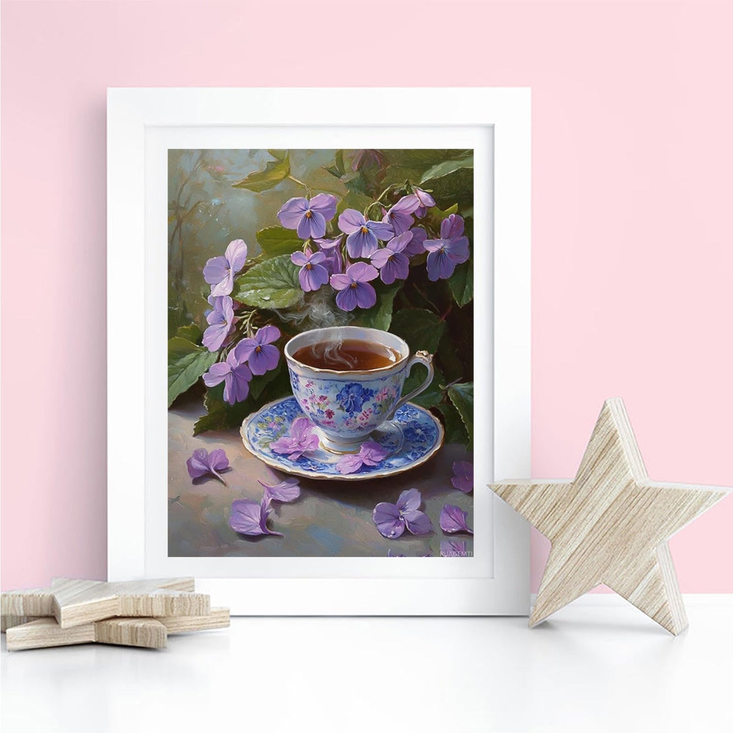 5D DIY Purple Violets Diamond Painting Kit, Tea Cup Flower Dot Painting Kits for Adults Office Home Decoration Living Room Bedroom Home Wall Decor Gift 12x16 INCH