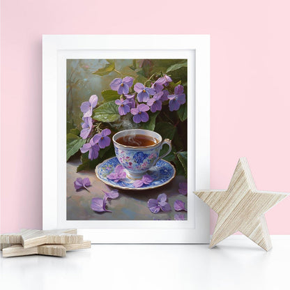 5D DIY Purple Violets Diamond Painting Kit, Tea Cup Flower Dot Painting Kits for Adults Office Home Decoration Living Room Bedroom Home Wall Decor Gift 12x16 INCH