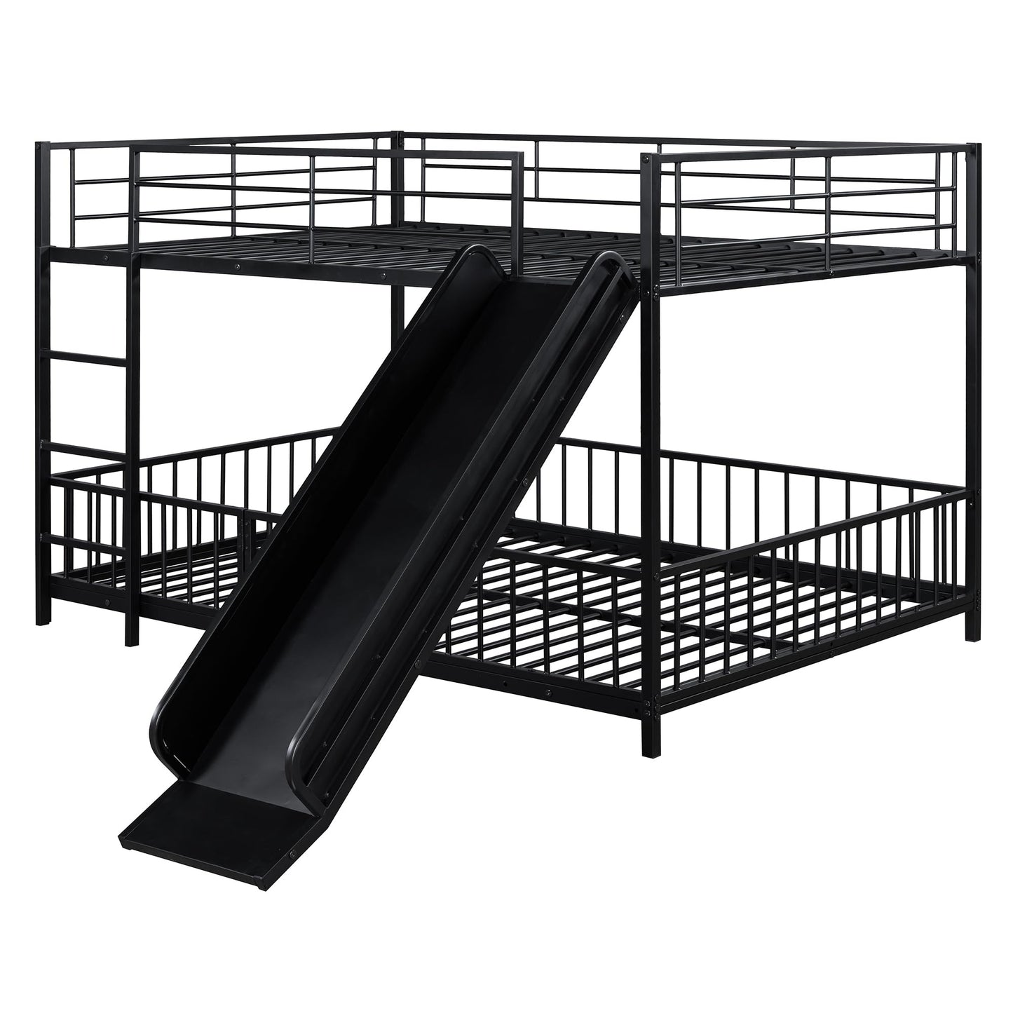 Bellemave Full Over Full Bunk Bed with Slide and Ladder, Metal Low Bunk Bed for Kids, Girls, Boys, Removable Fence, with Door, Black