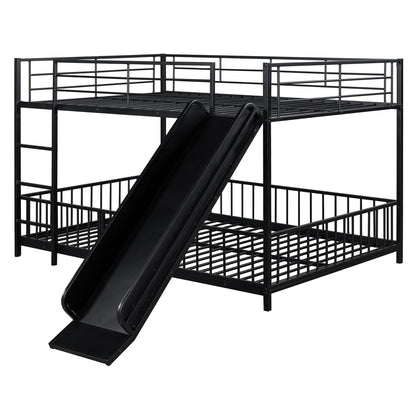 Bellemave Full Over Full Bunk Bed with Slide and Ladder, Metal Low Bunk Bed for Kids, Girls, Boys, Removable Fence, with Door, Black