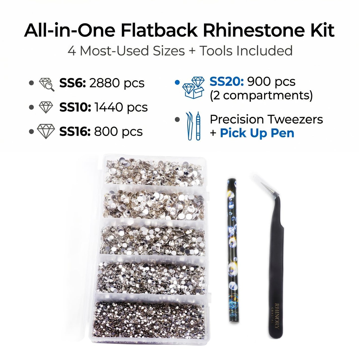 Rhinory Crystal Flatback Rhinestones Bedazzling Kit - Crystal Clear Gems SS6 SS10 SS16 SS20 Sizes (Over 6,000 Pieces) with Tweezers, Wax Picker Pen for Tumblers, Phone Cases, Shoes, Crafts