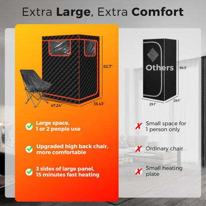 Smartmak Portable Infrared Sauna, 1-2 Person Oversize Infrared Sauna Box, Personal Indoor Home Dry Sauna Tent, with Adjustable Folding Chair, Remote Control, LED Light