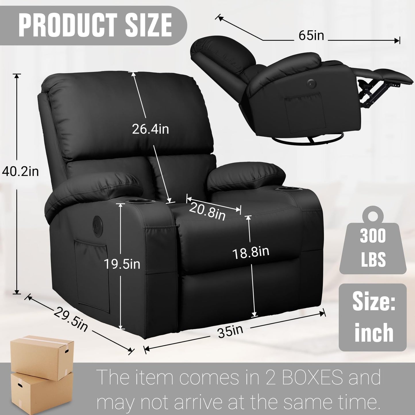 LAFWELL Rocking Recliner Chair, Massage Rocker Recliner Chair with Vibration Massage and Heat, USB and Type-C Ports,360° Swivel Faux Leather Chairs, Living Room, Bedroom, Nursery, RV, Black