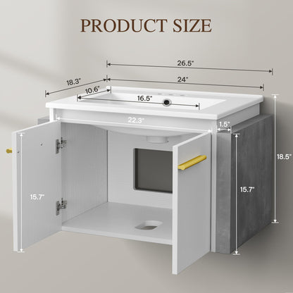 YITAHOME Bathroom Vanity 24 Inch White Soft-Closing Double Extra Large Doors Bathroom Floating Modern Vanity