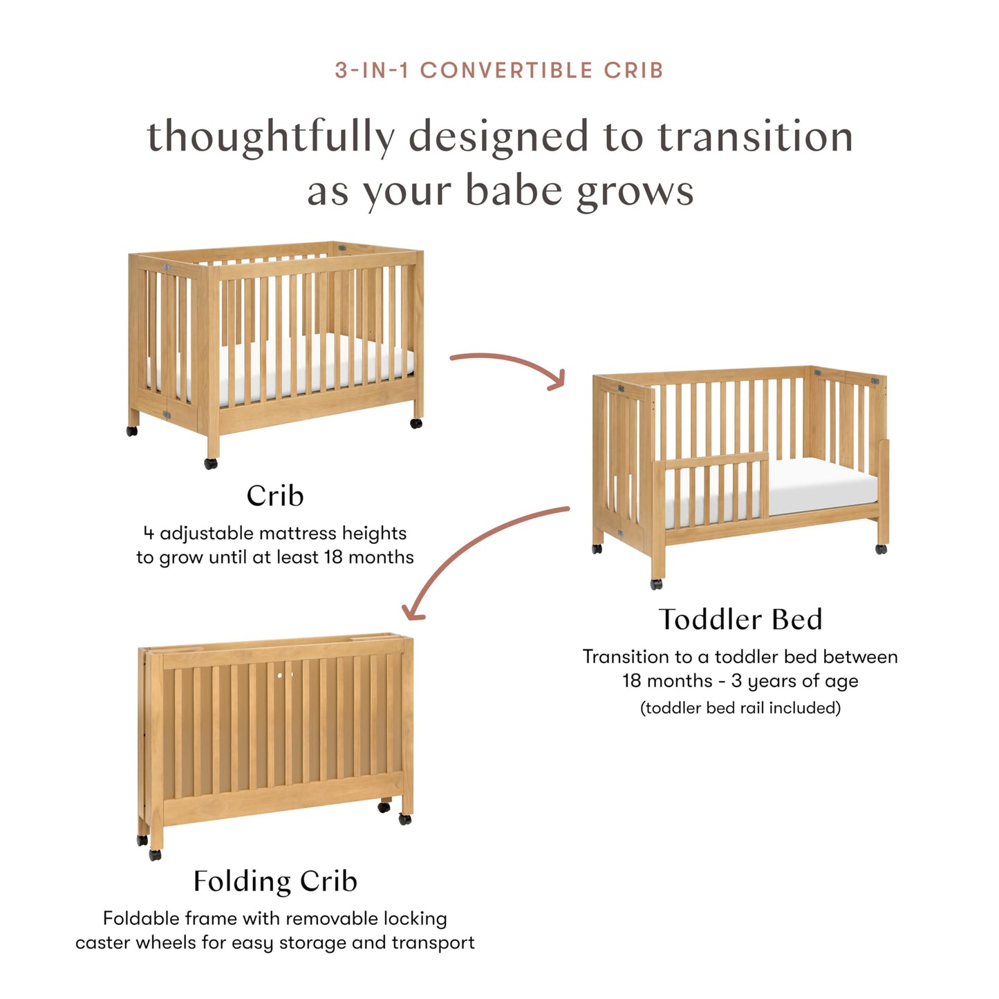 Babyletto Maki Full-Size 2-in-1 Portable Folding Crib with Toddler Bed Conversion Kit in Honey, Greenguard Gold Certified