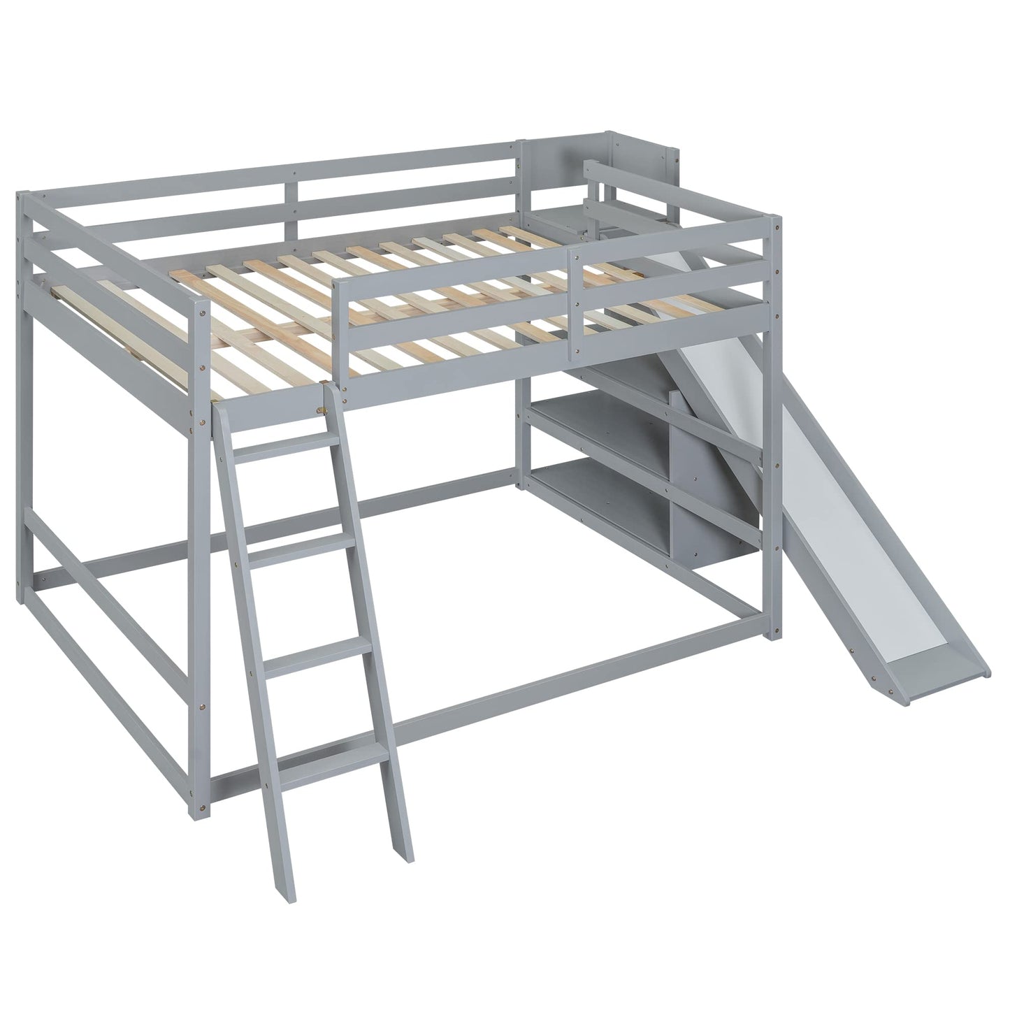 Merax Modern Full Over Full Wood Bunk Bed with Ladders and Slide, Floor Bunk Bed Frame with Storage Shelves, No Box Spring Needed, Space-Saving Grey
