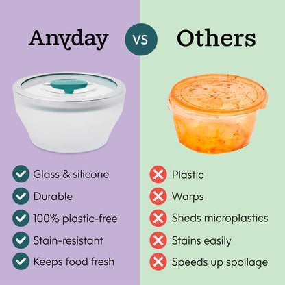 Anyday 4-Pc Microwave Cookware & Glass Food Storage Set with Glass Lids | Medium Plastic-Free Containers | Stackable Steamer with Vented Lid for Microwave-Safe Reheating & Steaming Vegetables, Rice