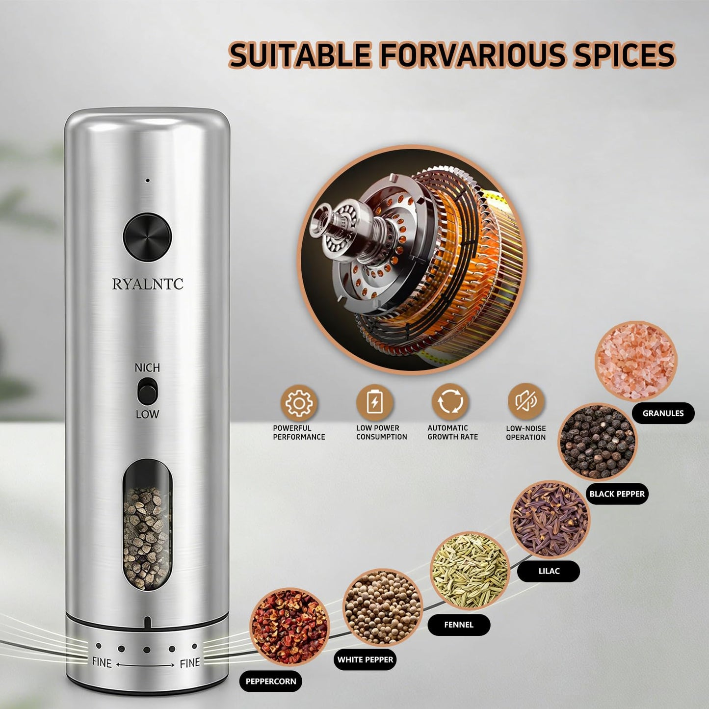 RYALNTC Electric Salt and Pepper Grinder Set with Rechargeable Base Upgraded Stainless Steel Automatic Salt and Pepper Shakers,Upgraded 2-Speed Setting,External 6 Adjustable Coarseness with LED Light