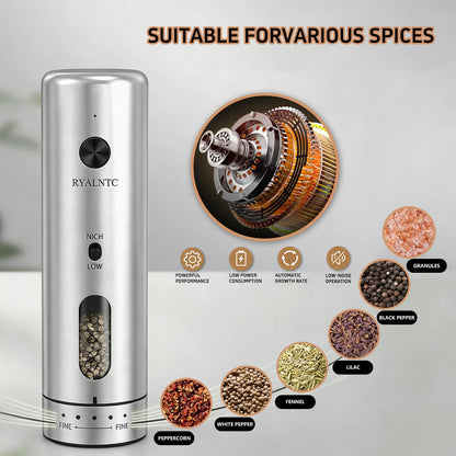 RYALNTC Electric Salt and Pepper Grinder Set with Rechargeable Base Upgraded Stainless Steel Automatic Salt and Pepper Shakers,Upgraded 2-Speed Setting,External 6 Adjustable Coarseness with LED Light