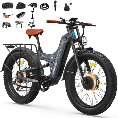 FREESKY 4000W Dual Motor Electric Bike for Adults, 48V 30AH Battery 120Miles Range, 40+MPH AWD Fast E-Bike, 26" Fat Tire Full Suspension Off-Road Mountain E Bike, Blue Grey, with Cycling Kits