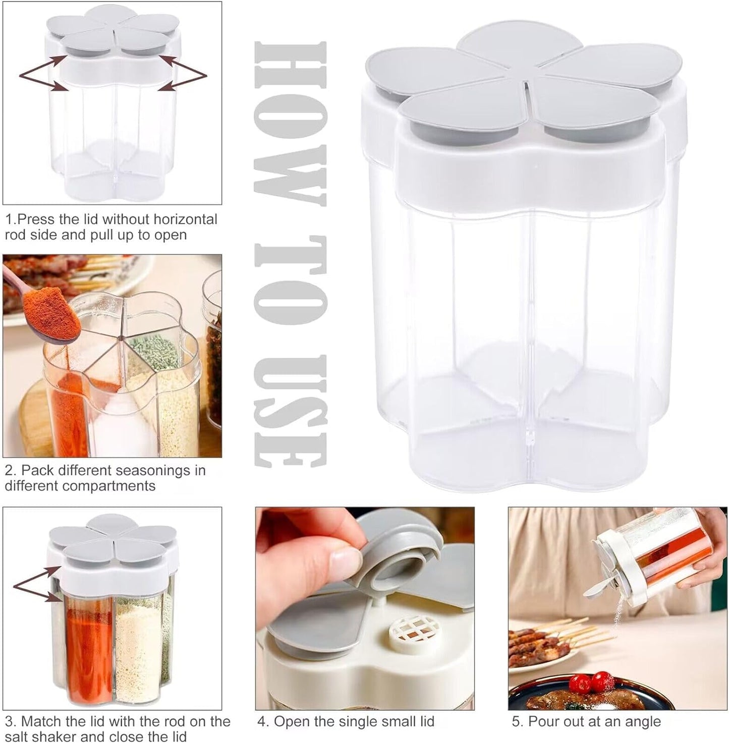 2 Pcs 5 in 1 Spice Containers, Multi-Spice Dispenser, Portable Travel Seasoning Condiment Containers, Salt Pepper Spice Shaker with Lid and Labels Clear Container Jars