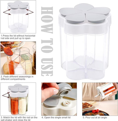 2 Pcs 5 in 1 Spice Containers, Multi-Spice Dispenser, Portable Travel Seasoning Condiment Containers, Salt Pepper Spice Shaker with Lid and Labels Clear Container Jars