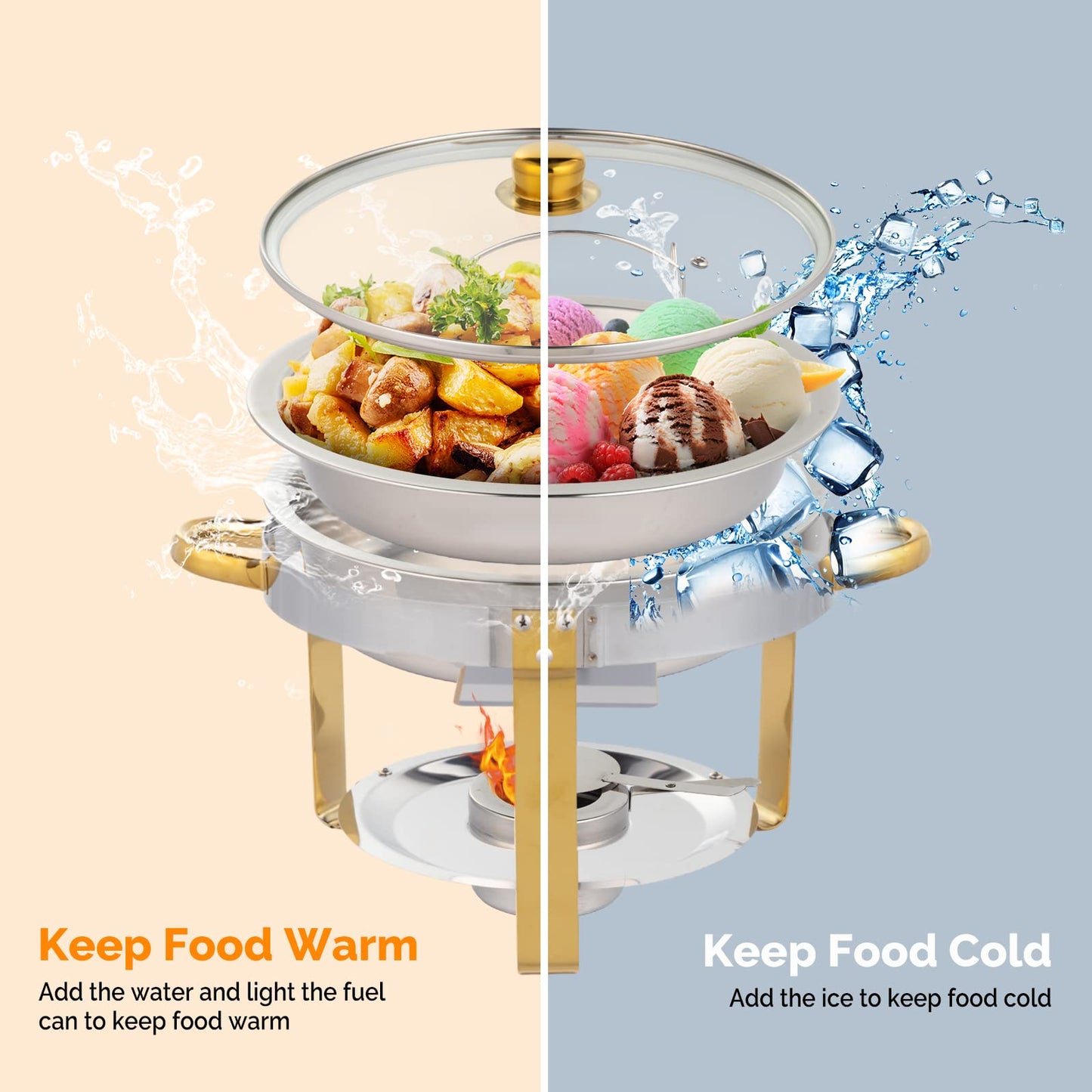ROVSUN 5QT 4 Packs Chafing Dish Buffet Set Gold Accent, NSF Round Stainless Steel Buffet Warmer Chafers and Warmers Sets with Glass Lid & Lid Holder for Catering Events Parties Weddings Dinners