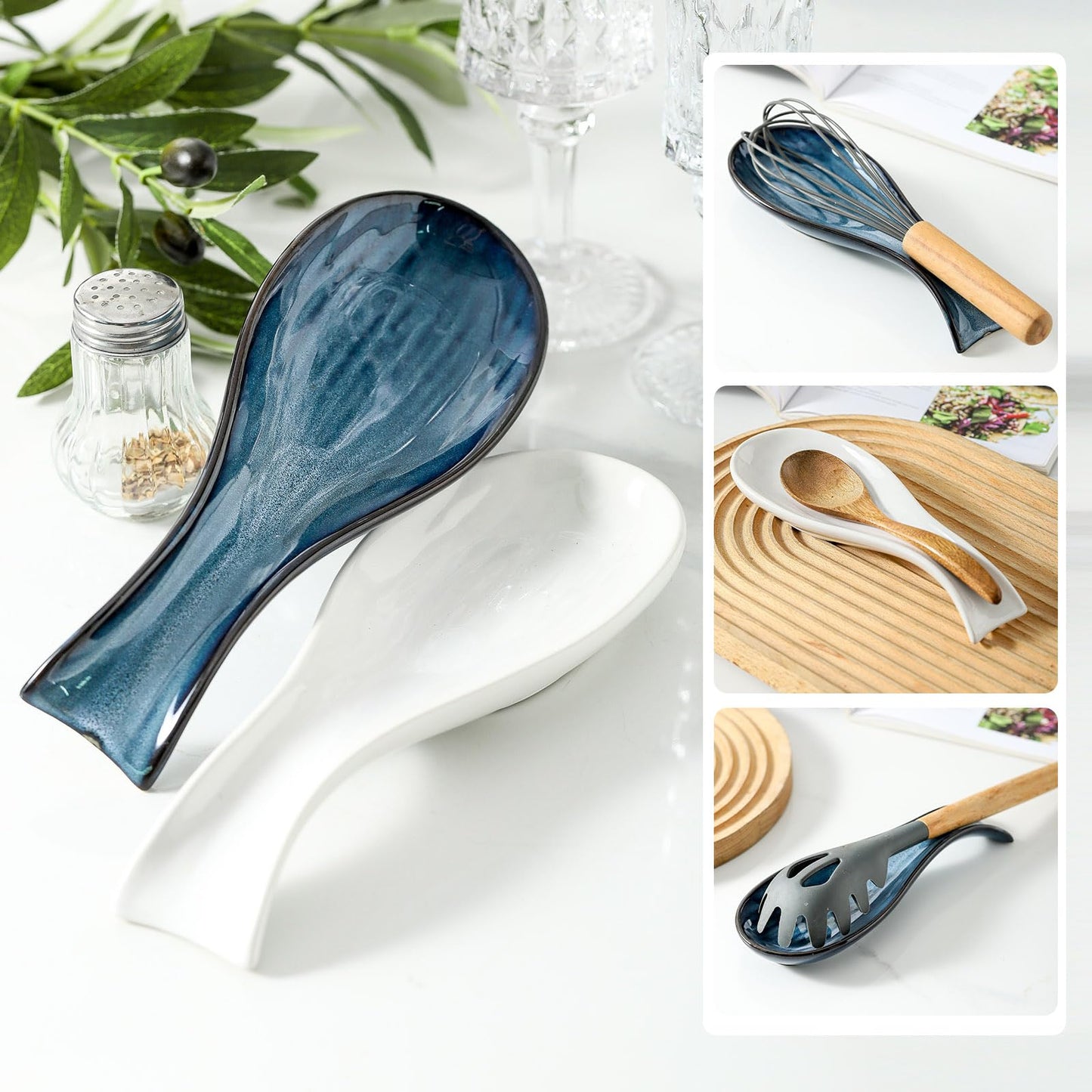Spoon Rest for Stove Top, Ceramic Large 8.7 Inch Spoon Holder for Kitchen Counter, Porcelain Utensil Rest for Ladle, Spatula, Housewarming Gifts, Dishwasher Safe and Heat-Resistant, Blue(1 PC)