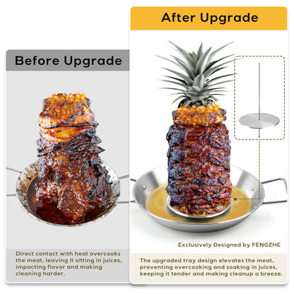 Fengzhe Al Pastor Skewer for Grill: Extra Large 13" Stainless Steel Vertical Skewer, Brazilian Spit Stand with 4 Spikes, 2 Brushes, for Tacos Al Pastor, Shawarma, Kebabs, with Fat Separator Tray