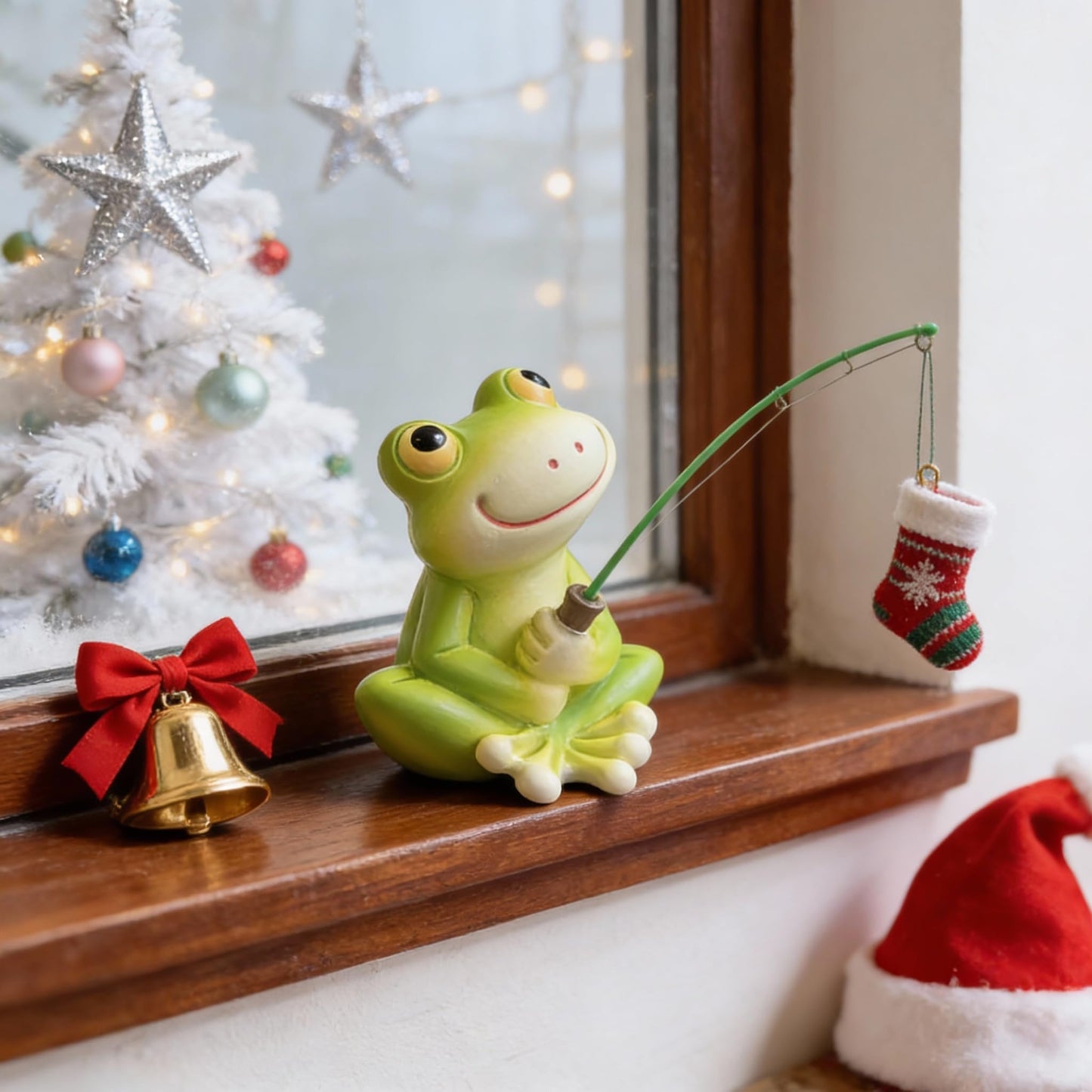 YCFbing Miniature Chrstmas Frog Statue Fairy Fairy Garden Decor Outdoor Chrstmas Figurine Light Frog Lawn Ornament for Housewarming Gift for Women Mom (Fishing)
