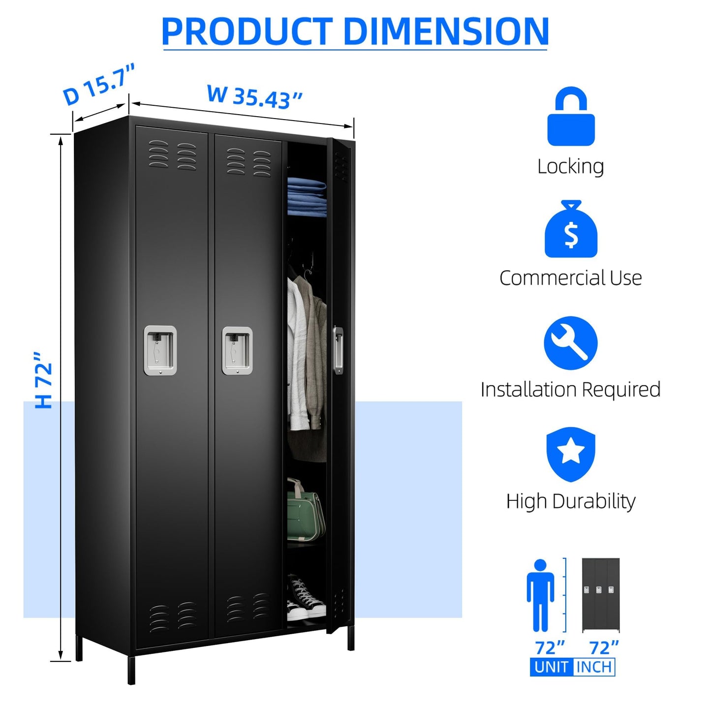 METALYEYE 3 Doors Metal Storage Lockers for Employees, Industrial Steel Locker with 9 Hooks for Gym,School,Garage,Office,Assembly Required,Black