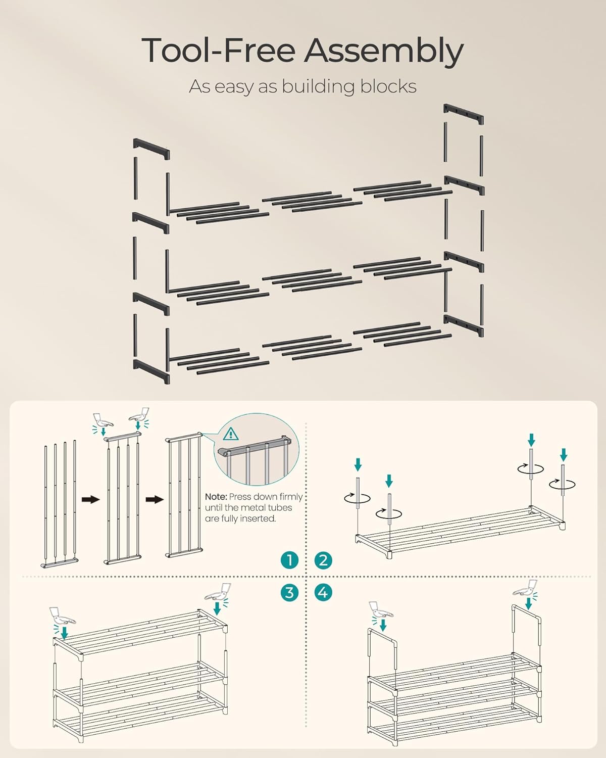 SONGMICS Shoe Rack - 3-Tier Metal Organizer for 16-20 Pairs | Stackable & Versatile Design, Black 11.8 x 36.2 x 21.7 Inches